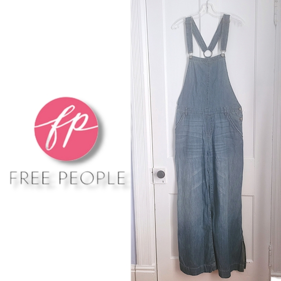 Free People Denim - Rare* FREE PEOPLE Women's Wide-leg Denim Overalls with Slit Side Leg sz 10